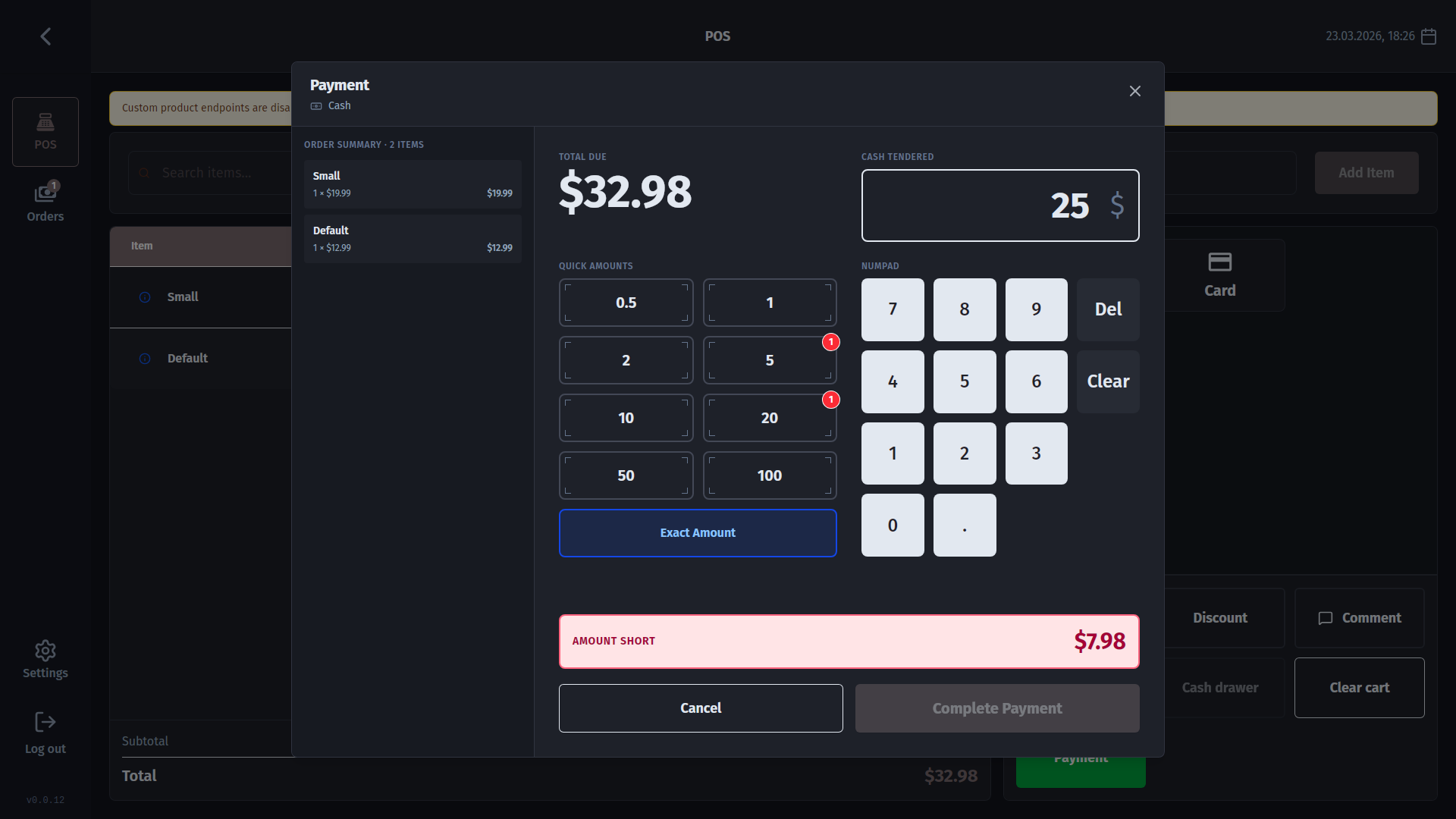 Enter cash received; change is shown automatically