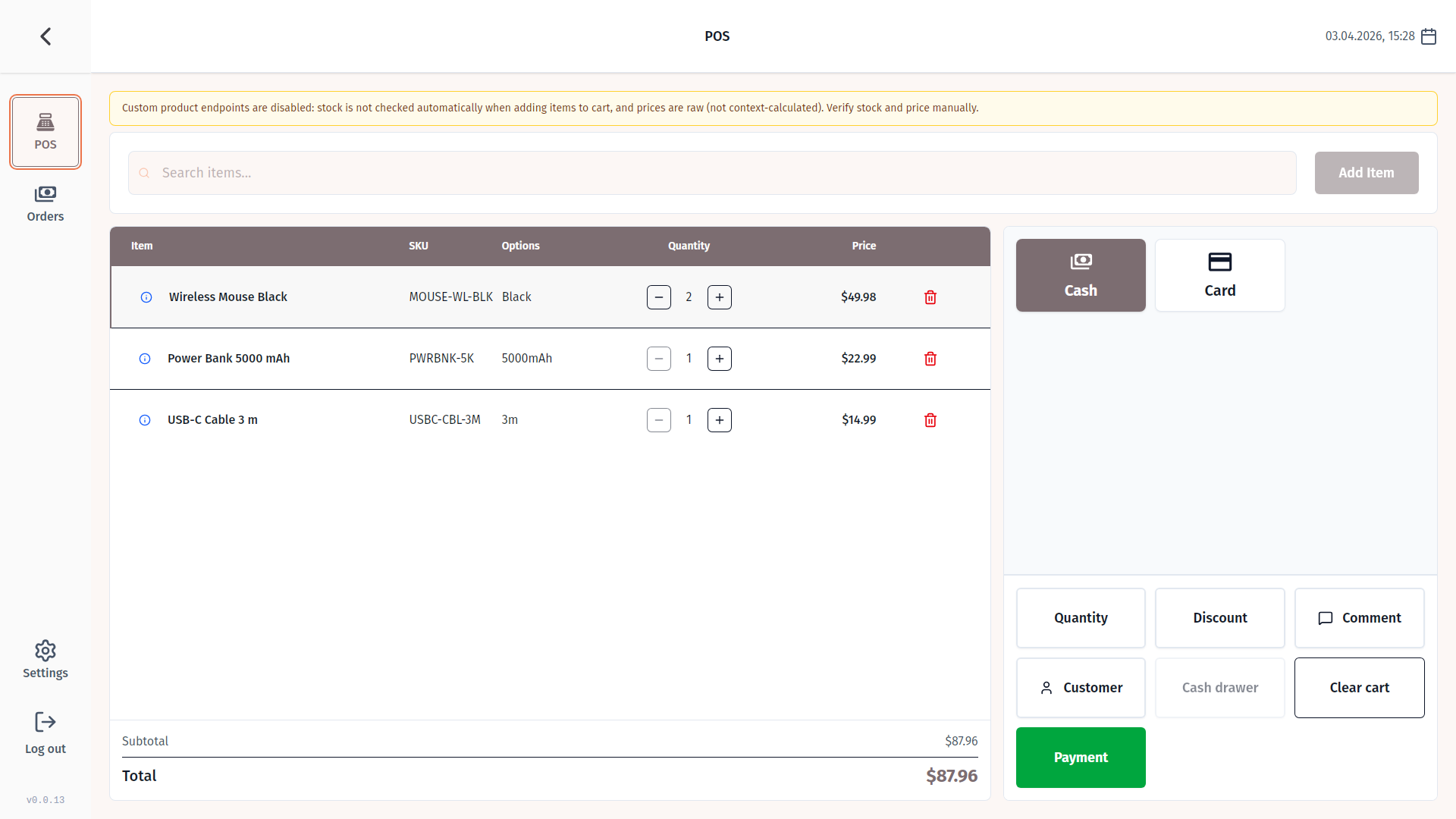 The checkout screen - search, cart, and total in one view