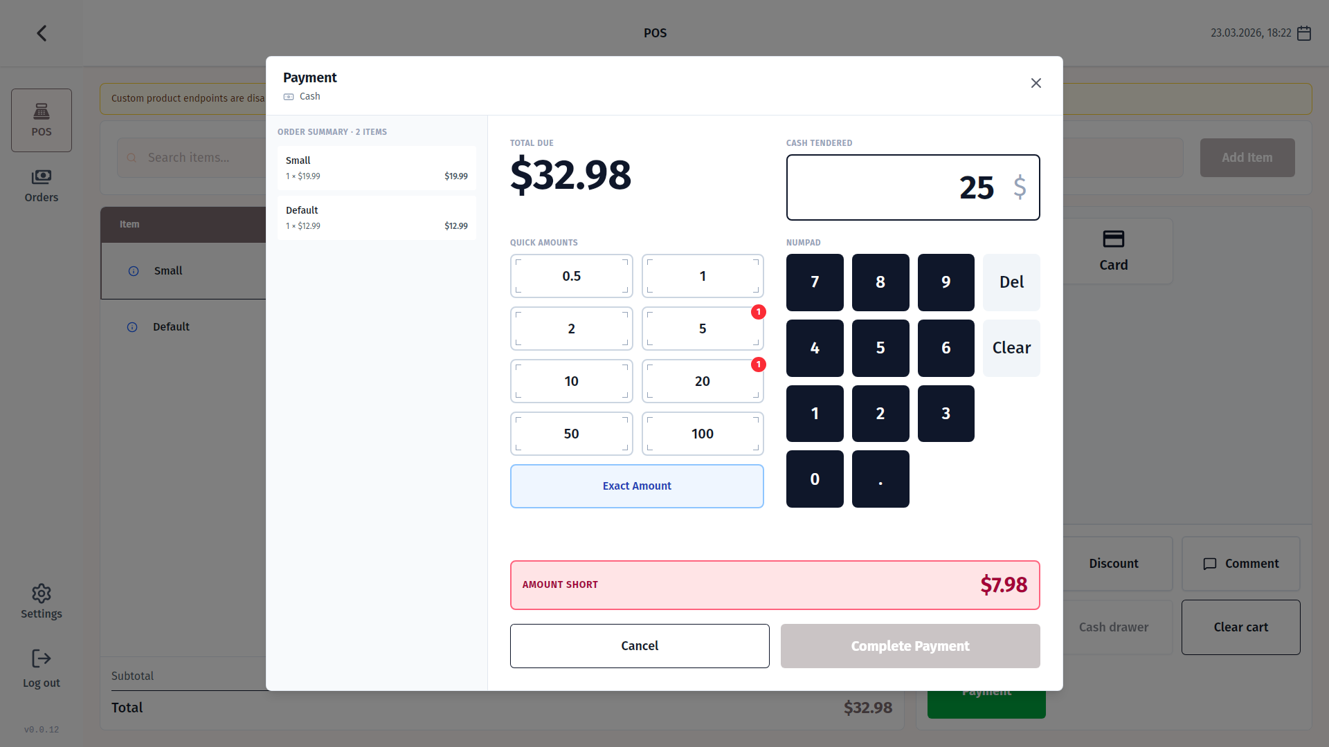 Enter cash received; change is shown automatically